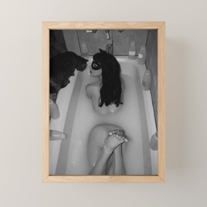 A girl and her cat lapping it up in milk; apartment bathtub nude portrait black and white photograph - photography - photographs Mini Art Print Gallery Image 1