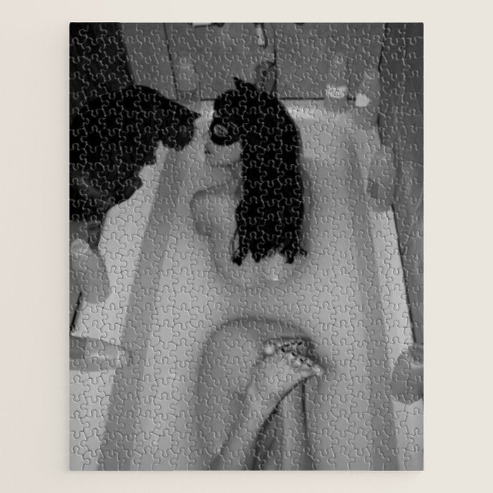 A girl and her cat lapping it up in milk; apartment bathtub nude portrait black and white photograph - photography - photographs Jigsaw Puzzle Gallery Image 1