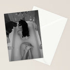 A girl and her cat lapping it up in milk; apartment bathtub nude portrait black and white photograph - photography - photographs Stationery Card Gallery Image 2