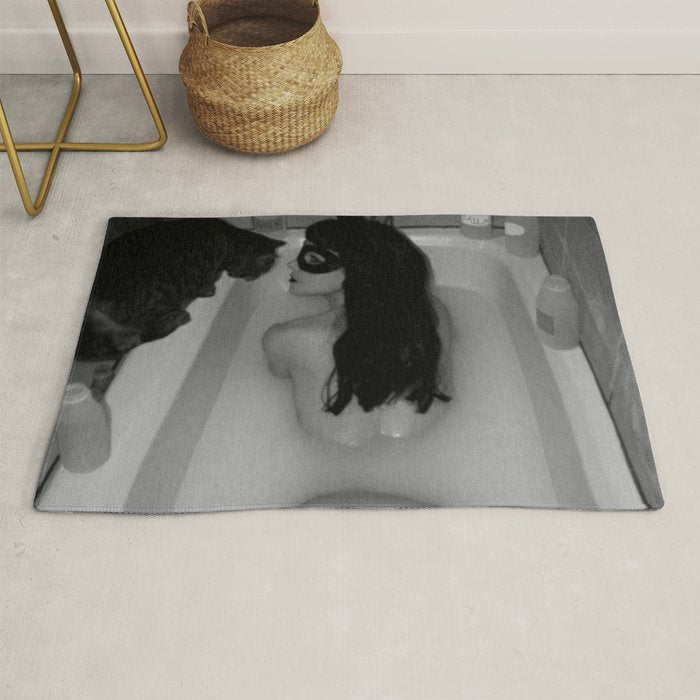 A girl and her cat lapping it up in milk; apartment bathtub nude portrait black and white photograph - photography - photographs Rug Gallery Image 1