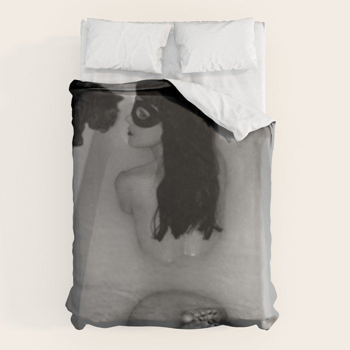 A girl and her cat lapping it up in milk; apartment bathtub nude portrait black and white photograph - photography - photographs Duvet Cover Gallery Image 6