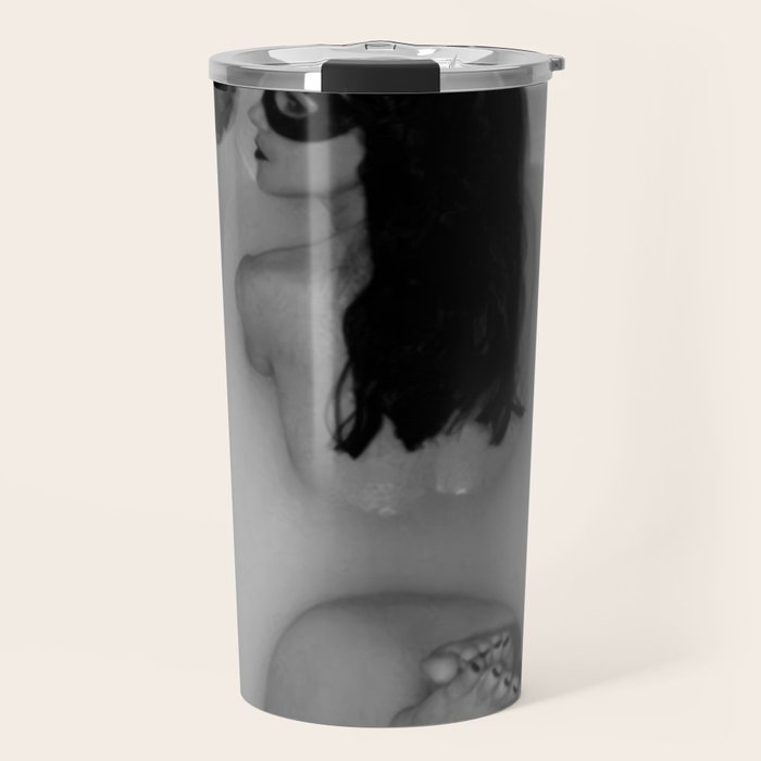 A girl and her cat lapping it up in milk; apartment bathtub nude portrait black and white photograph - photography - photographs Travel Mug Gallery Image 1
