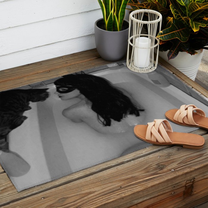 A girl and her cat lapping it up in milk; apartment bathtub nude portrait black and white photograph - photography - photographs Outdoor Rug Gallery Image 2