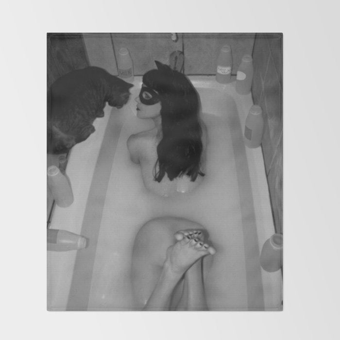 A girl and her cat lapping it up in milk; apartment bathtub nude portrait black and white photograph - photography - photographs Throw Blanket Gallery Image 2