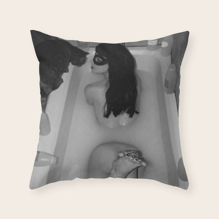 A girl and her cat lapping it up in milk; apartment bathtub nude portrait black and white photograph - photography - photographs Throw Pillow Gallery Image 1