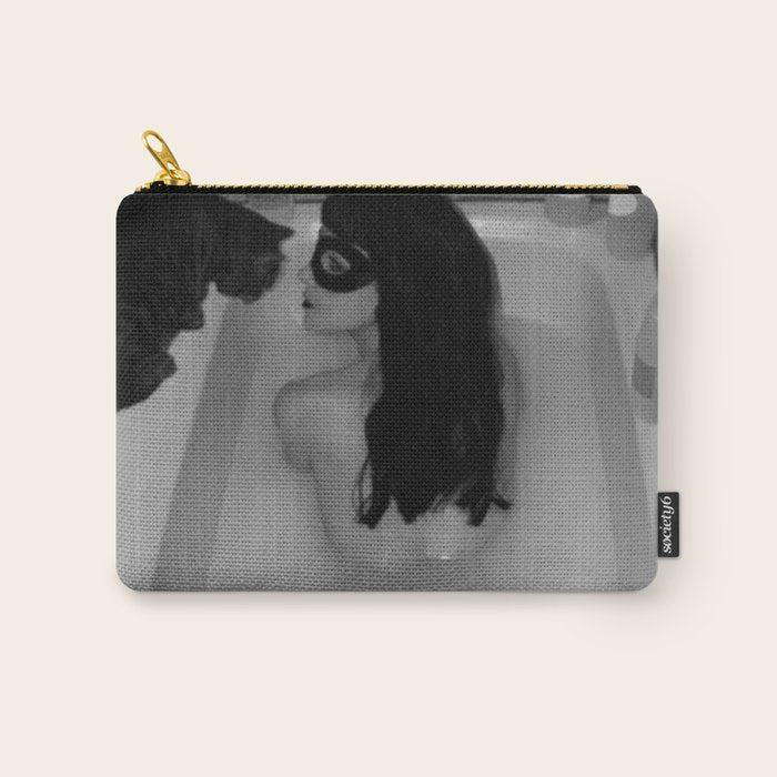 A girl and her cat lapping it up in milk; apartment bathtub nude portrait black and white photograph - photography - photographs Carry All Pouch Gallery Image 1