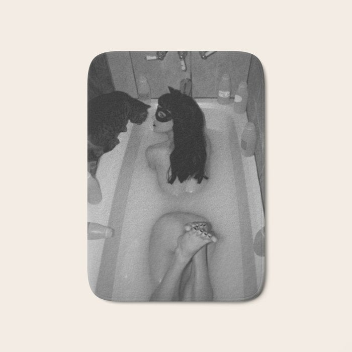 A girl and her cat lapping it up in milk; apartment bathtub nude portrait black and white photograph - photography - photographs Bath Mat Gallery Image 1