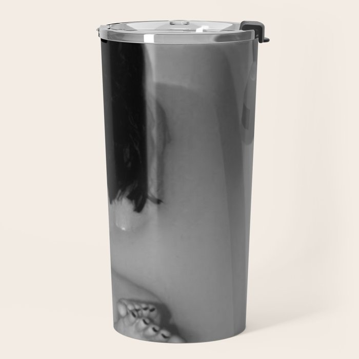 A girl and her cat lapping it up in milk; apartment bathtub nude portrait black and white photograph - photography - photographs Travel Mug Gallery Image 2