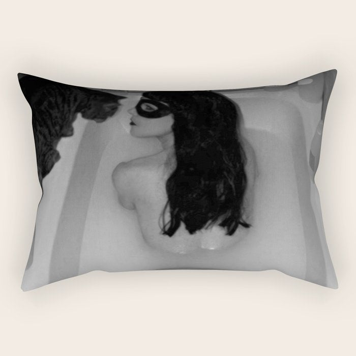 A girl and her cat lapping it up in milk; apartment bathtub nude portrait black and white photograph - photography - photographs Rectangular Pillow Gallery Image 1