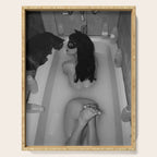 A girl and her cat lapping it up in milk; apartment bathtub nude portrait black and white photograph - photography - photographs Serving Tray Gallery Image 1
