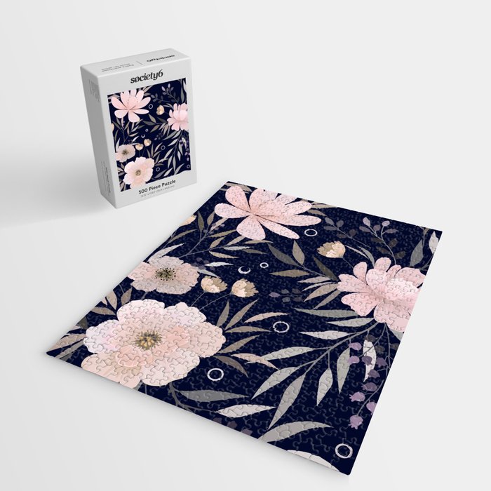 Festive, Modern, Floral Prints, Pink and Navy Jigsaw Puzzle Gallery Image 2