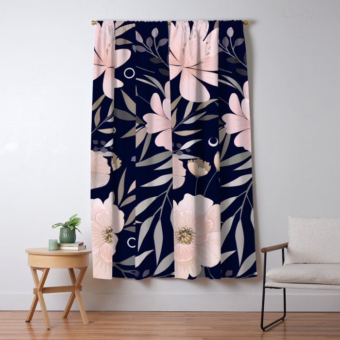 Festive, Modern, Floral Prints, Pink and Navy Window Curtain Gallery Image 1