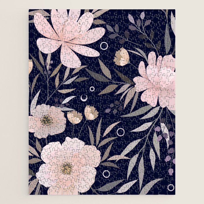 Festive, Modern, Floral Prints, Pink and Navy Jigsaw Puzzle Gallery Image 1