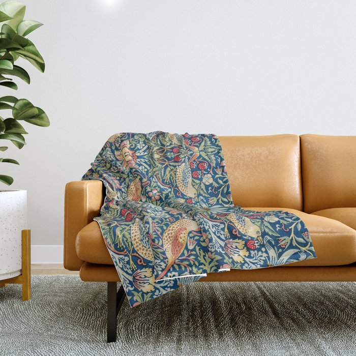 William Morris Strawberry Thief Blue 1883 Vintage Botanical Pattern Throw Blanket Gallery Image 1