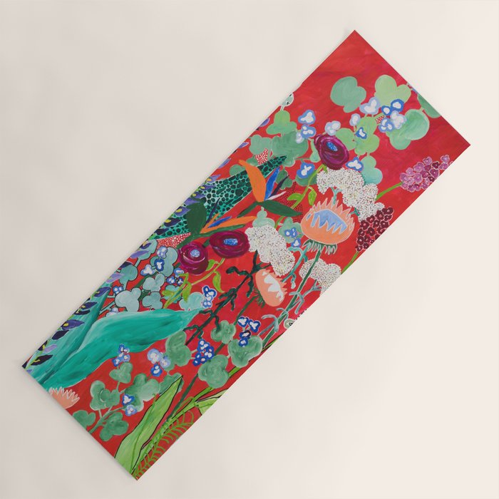 Red floral Jungle Garden Botanical featuring Proteas, Reeds, Eucalyptus, Ferns and Birds of Paradise Yoga Mat Gallery Image 1