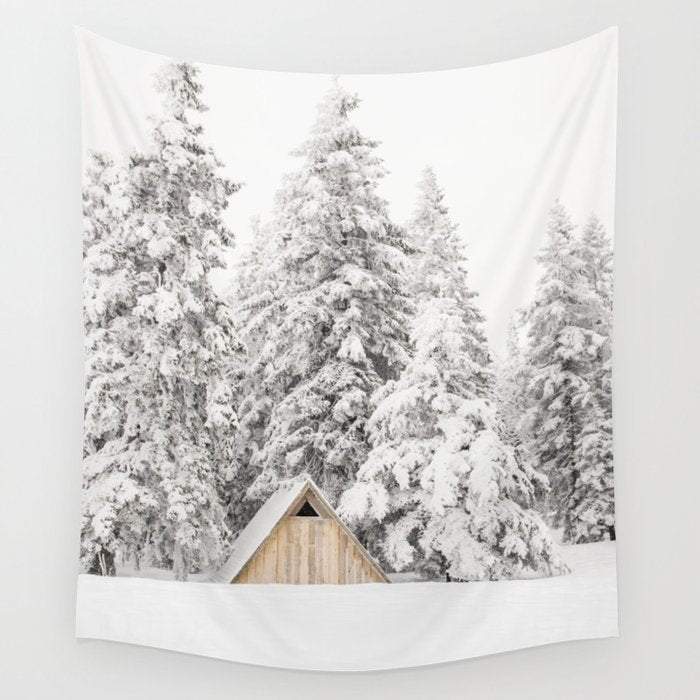 Snow Covered Trees Winter Forest Cabin  Wall Tapestry
