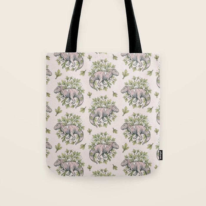 Tyrannosaurus & Sassafras | Dinosaur Botanical Art Tote Bag Gallery Image 1