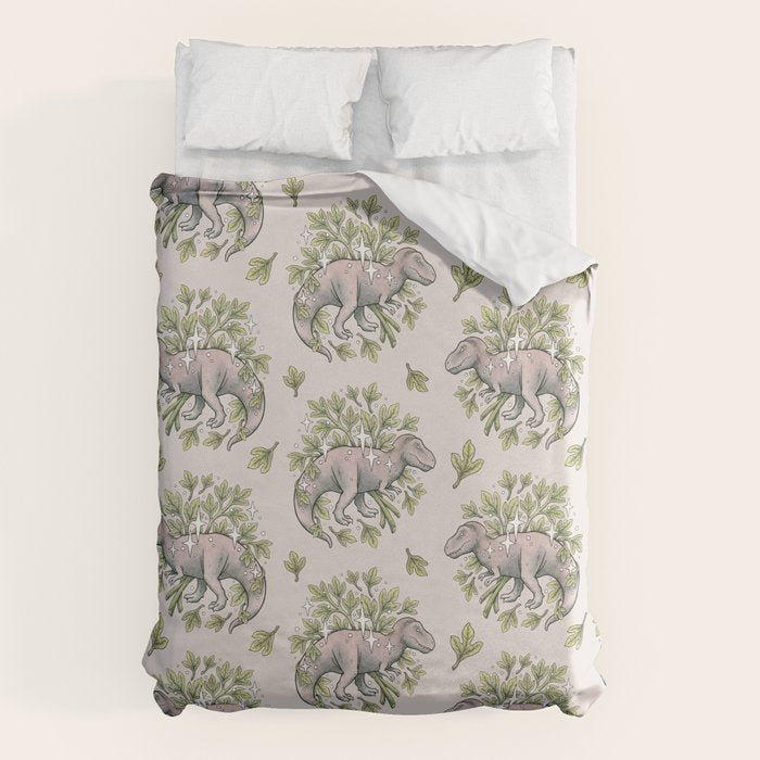 Tyrannosaurus & Sassafras | Dinosaur Botanical Art Duvet Cover