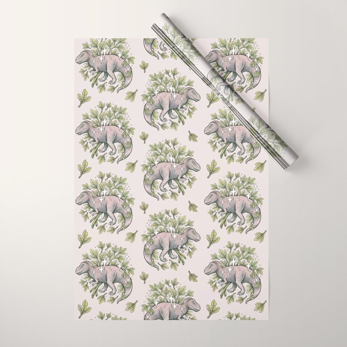 Tyrannosaurus & Sassafras | Dinosaur Botanical Art Wrapping Paper Gallery Image 1