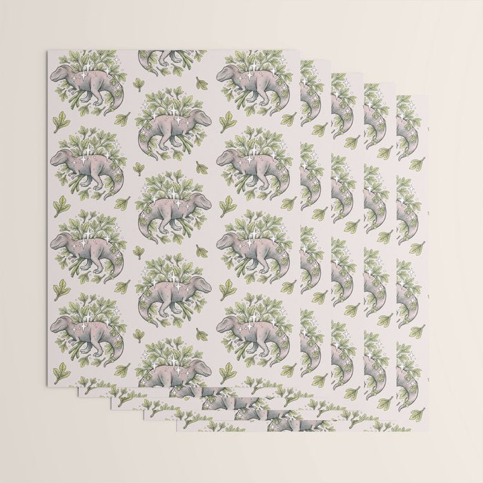 Tyrannosaurus & Sassafras | Dinosaur Botanical Art Wrapping Paper Gallery Image 3