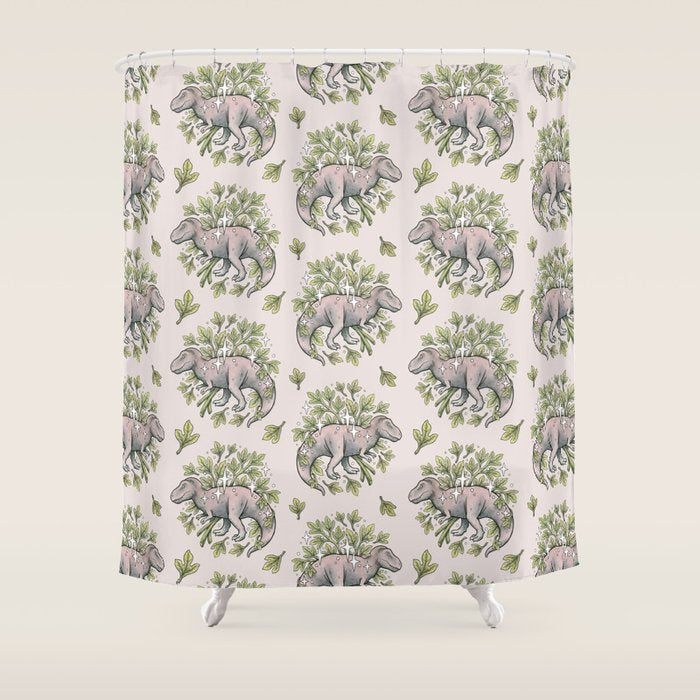 Tyrannosaurus & Sassafras | Dinosaur Botanical Art Shower Curtain Gallery Image 1