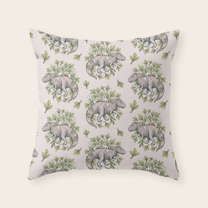 Tyrannosaurus & Sassafras | Dinosaur Botanical Art Throw Pillow Gallery Image 6