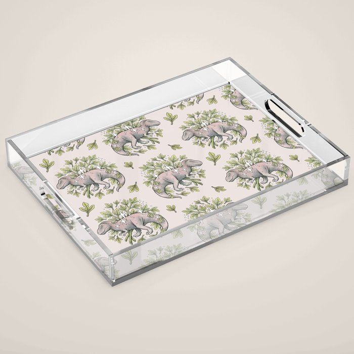 Tyrannosaurus & Sassafras | Dinosaur Botanical Art Acrylic Tray Gallery Image 1