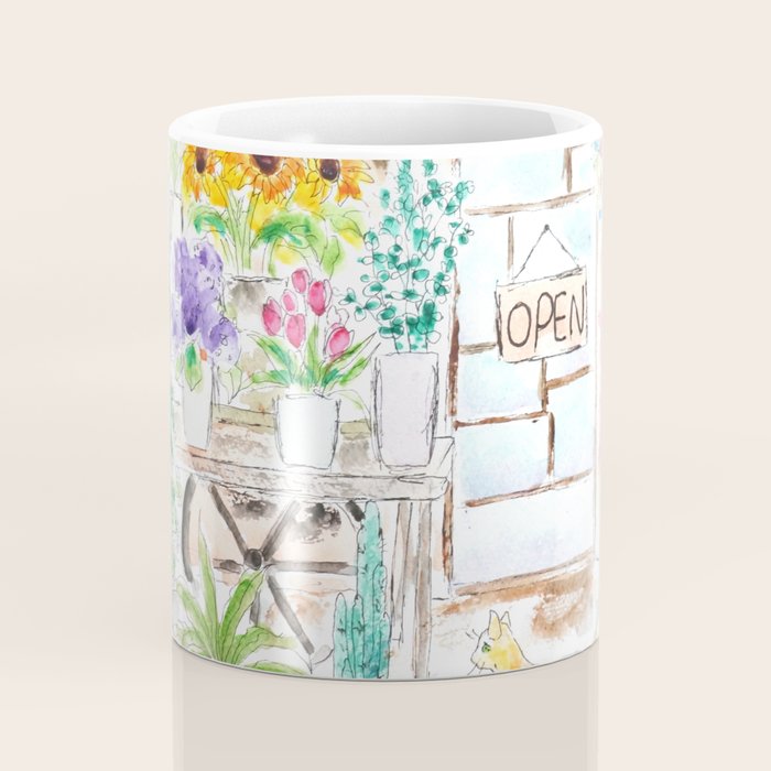 cheerful flower shop and a cat watercolor  Coffee Mug Gallery Image 4