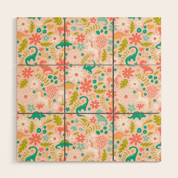 Dinosaurs + Unicorns in Pink + Teal Wood Wall Art Gallery Image 1