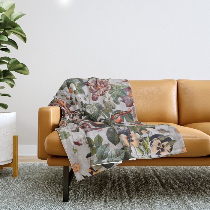 Floral Symphony with Birds Throw Blanket Gallery Image 1