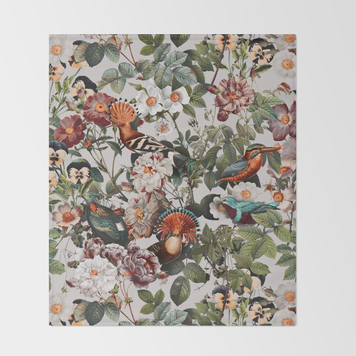 Floral Symphony with Birds Throw Blanket Gallery Image 2