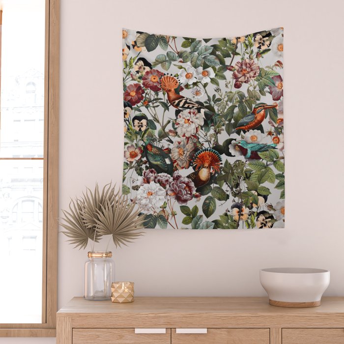 Floral Symphony with Birds Wall Tapestry Gallery Image 2