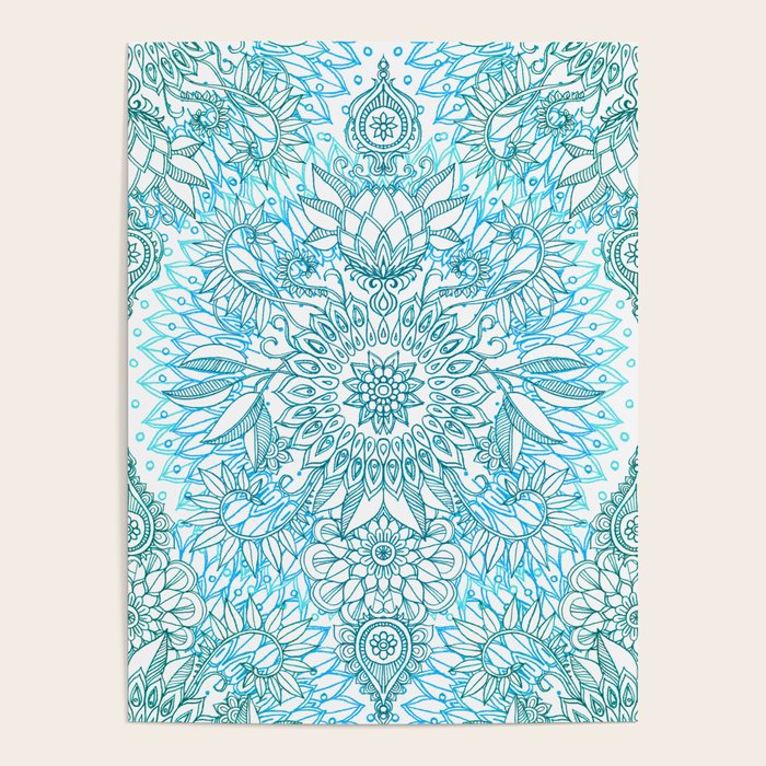 Turquoise Blue, Teal & White Protea Doodle Pattern Poster Gallery Image 1
