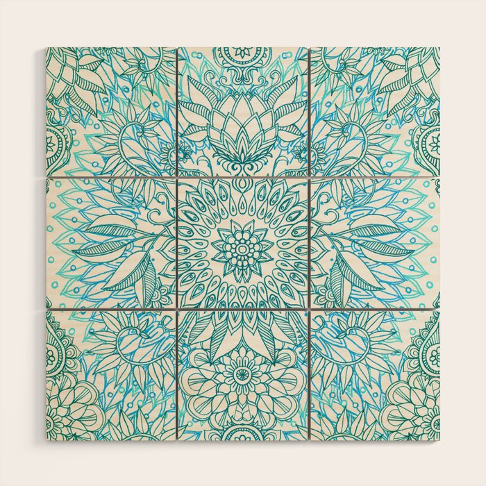 Turquoise Blue, Teal & White Protea Doodle Pattern Wood Wall Art Gallery Image 1