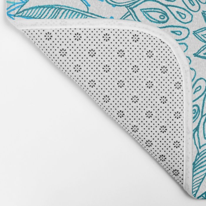 Turquoise Blue, Teal & White Protea Doodle Pattern Bath Mat Gallery Image 2
