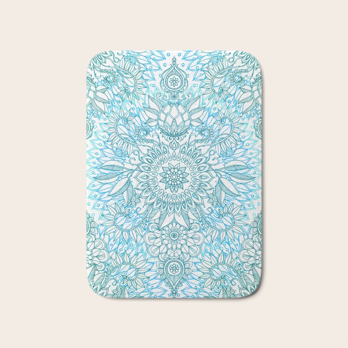 Turquoise Blue, Teal & White Protea Doodle Pattern Bath Mat Gallery Image 1