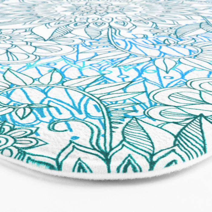 Turquoise Blue, Teal & White Protea Doodle Pattern Bath Mat Gallery Image 3