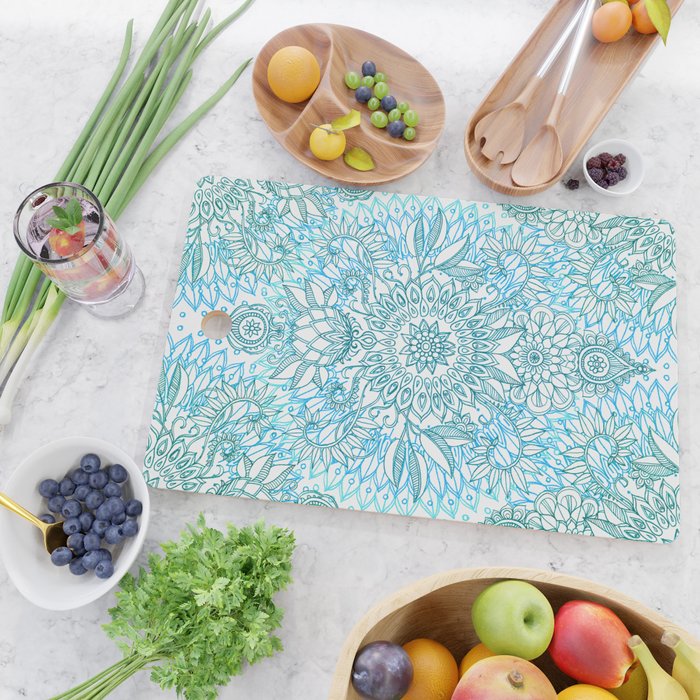 Turquoise Blue, Teal & White Protea Doodle Pattern Cutting Board Gallery Image 2