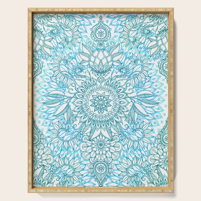 Turquoise Blue, Teal & White Protea Doodle Pattern Serving Tray Gallery Image 1