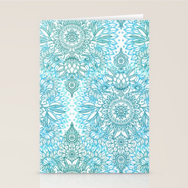 Turquoise Blue, Teal & White Protea Doodle Pattern Stationery Card Gallery Image 1