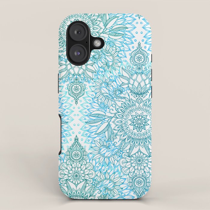 Turquoise Blue, Teal & White Protea Doodle Pattern iPhone Case Gallery Image 1