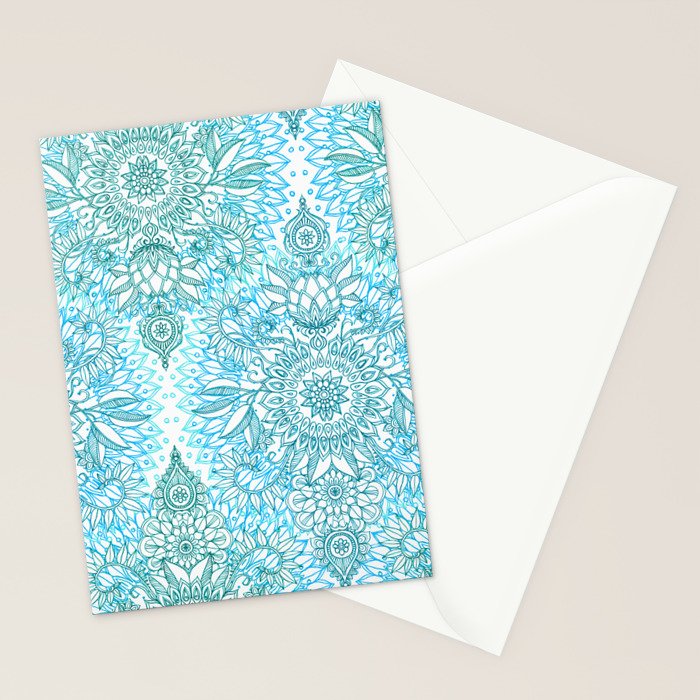 Turquoise Blue, Teal & White Protea Doodle Pattern Stationery Card Gallery Image 2