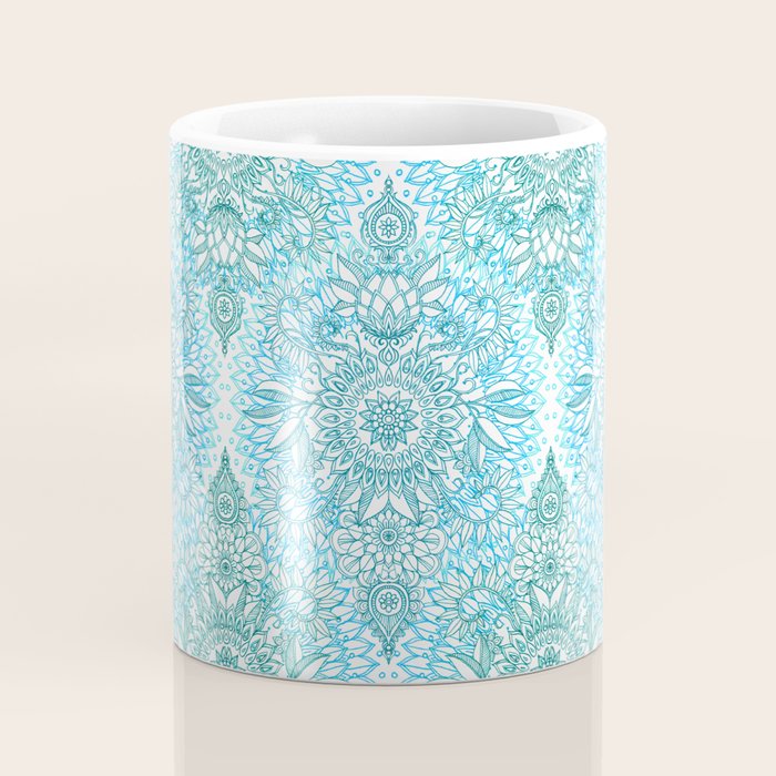 Turquoise Blue, Teal & White Protea Doodle Pattern Coffee Mug Gallery Image 4