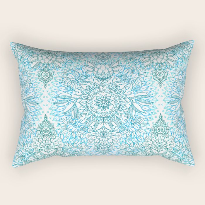 Turquoise Blue, Teal & White Protea Doodle Pattern Rectangular Pillow Gallery Image 2