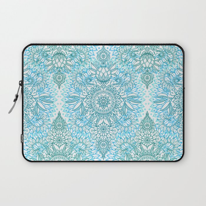 Turquoise Blue, Teal & White Protea Doodle Pattern Laptop Sleeve Gallery Image 1