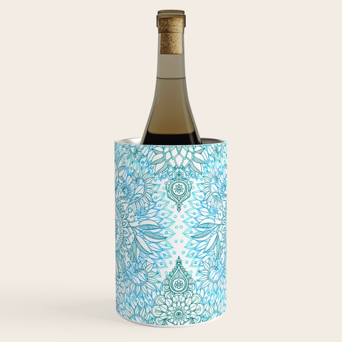 Turquoise Blue, Teal & White Protea Doodle Pattern Wine Chiller Gallery Image 2