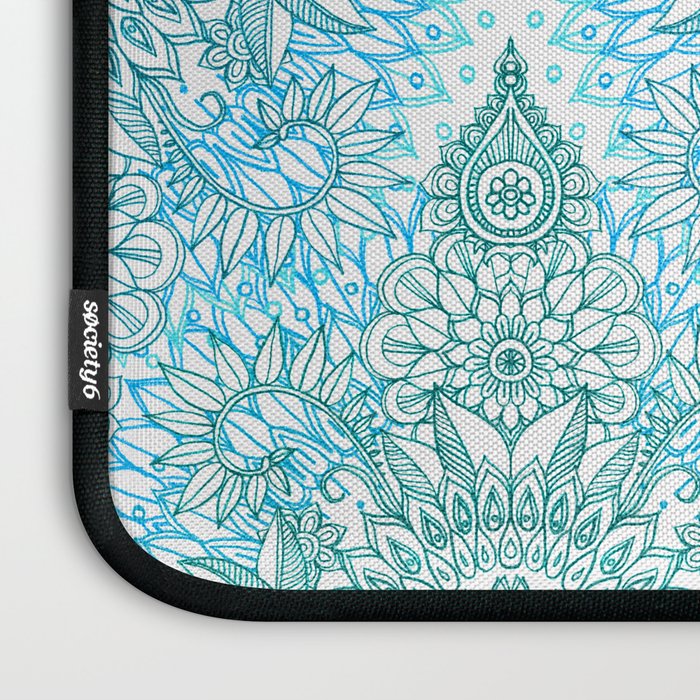 Turquoise Blue, Teal & White Protea Doodle Pattern Laptop Sleeve Gallery Image 3