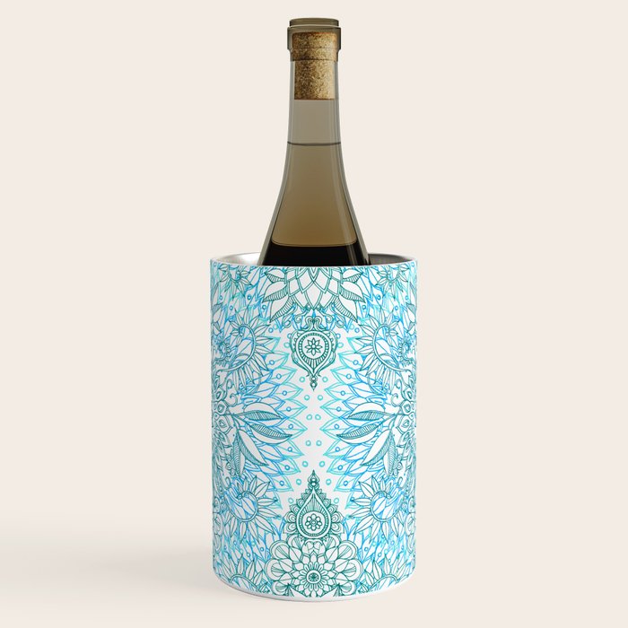 Turquoise Blue, Teal & White Protea Doodle Pattern Wine Chiller Gallery Image 3