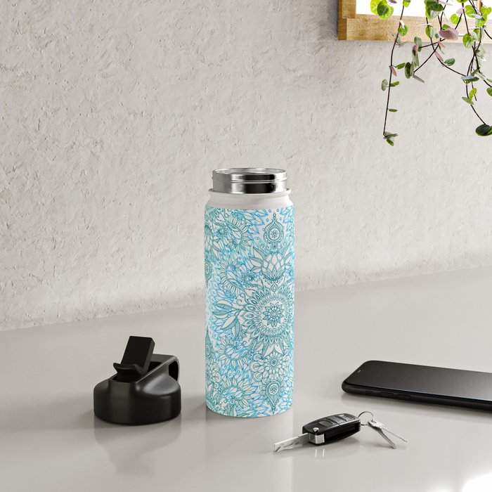 Turquoise Blue, Teal & White Protea Doodle Pattern Water Bottle Gallery Image 5