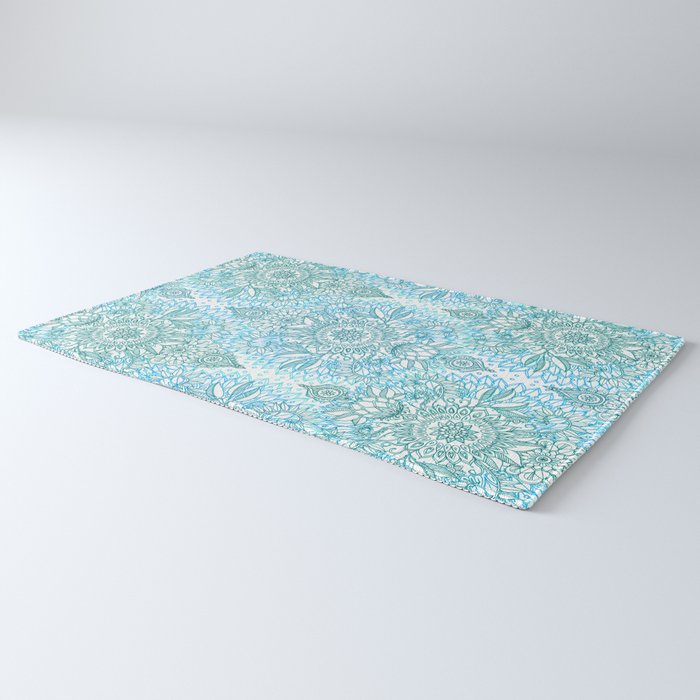 Turquoise Blue, Teal & White Protea Doodle Pattern Rug Gallery Image 3
